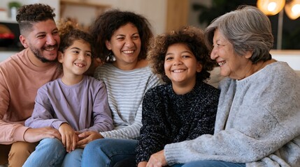 Fototapeta premium A multigene nal family group smiling together while sitting on a couch indoors in a warmly lit home environment