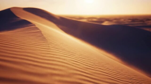 Golden hour desert sand dunes at sunset: cinematic aerial view of rippled sand patterns and wind-swept landscape for travel and nature backgrounds