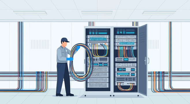 IT Technician with Server Rack Cables in Data Center