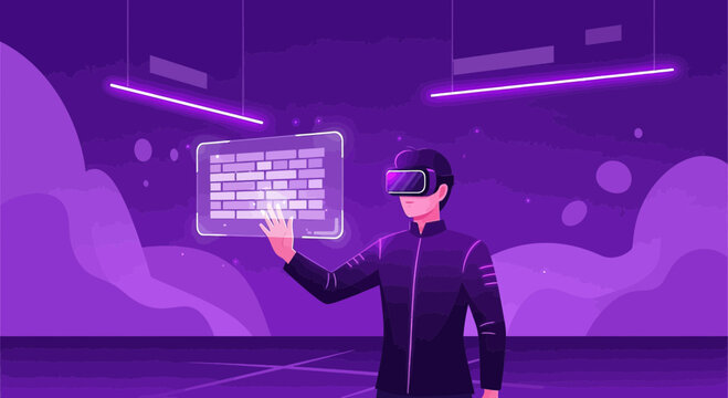 Man in VR headset interacting with holographic screen in futuristic landscape