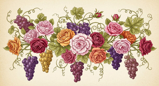 Vintage floral border illustration featuring colorful roses and clusters of grapes on a beige background.