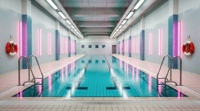 Modern indoor swimming pool with neon lighting and blue tiled walls swimming interior lighting wellness exercise