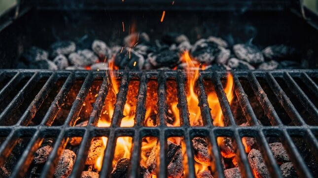 Glowing charcoal embers and flames on a metal barbecue grill grate at night with barbecue charcoal outdoors