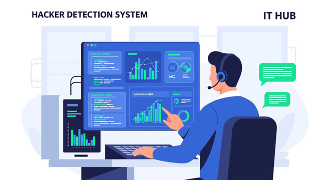 IT Security Analyst Working on Hacker Detection System Dashboard