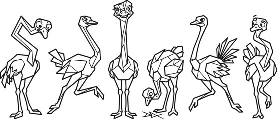 Fototapeta premium Set of ostriches. Hand drawn vector illustration