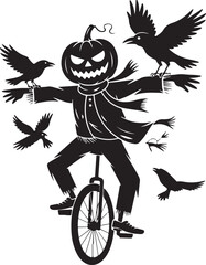 Halloween jack-o'-lantern scarecrow riding a unicycle with crows vector illustration © Ranaart