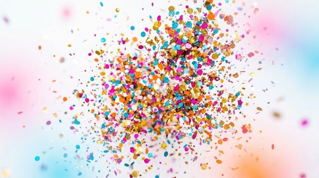 Colorful confetti explosion isolated on white background representing celebration and festive party with party suppli
