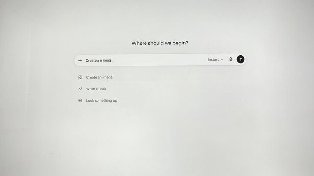 AI chat screen showing a prompt asking where to begin. Person interacting with an assistant to request an image. Close-up capture of artificial intelligence conversation on screen..