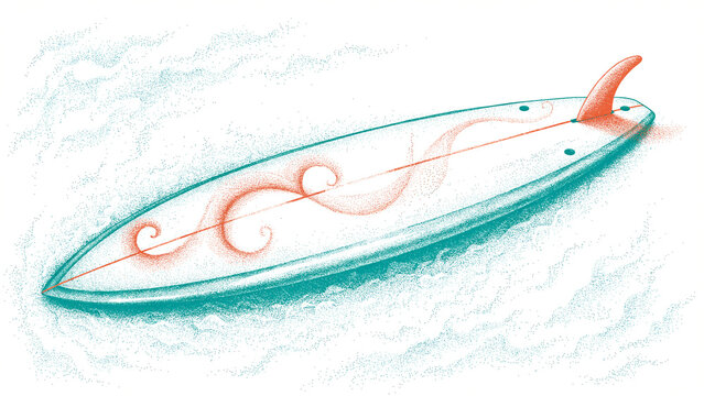 Vintage surfboard illustration with coral swirl design, retro longboard on textured white background, artistic surf culture graphic for summer decor