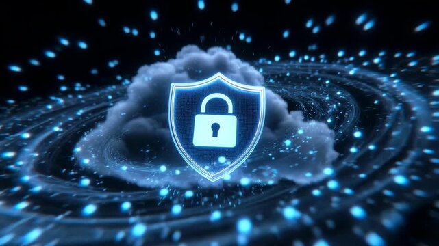 A glowing lock shield over a cloud in a digital style on a dark swirling background, for cybersecurity and data protection