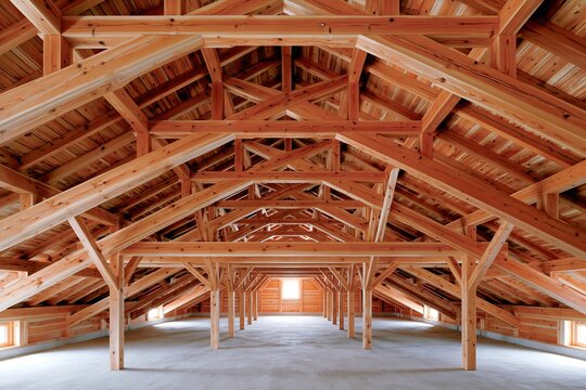 新築木造建築の広々とした小屋組が織りなす構造美の空間