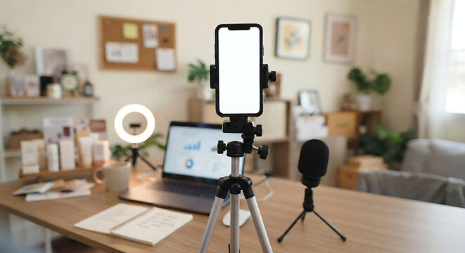 The phone is securely mounted on a tripod, and a microphone and lighting are ready, all set for a live online product sales session.