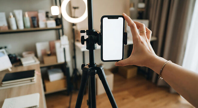 The phone is securely mounted on a tripod, and lighting is set up, with a person's hand setting everything up for a live online sales event.