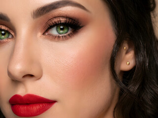 Naklejka premium Extreme close up portrait of woman with green eyes and red lipstick wearing elegant makeup portrait lipstick