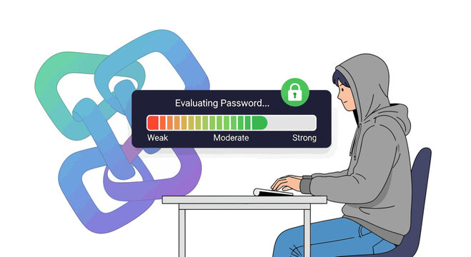 Hacker evaluating password strength, network security concept