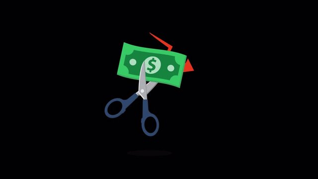 Animation of Scissors Cutting a Dollar Bill Representing Financial Loss - Transparent