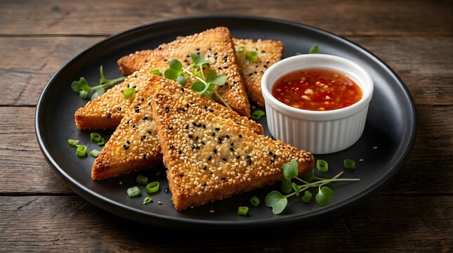 Crispy sesame toast triangles with vibrant red pepper sauce and fresh green herbs, a delicious and flavorful appetizer