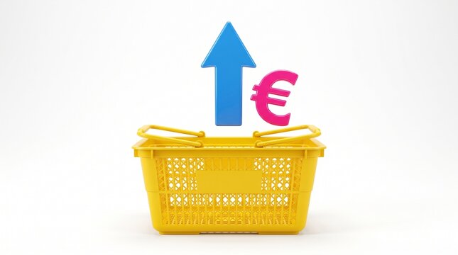 Yellow shopping basket with blue arrow and pink euro symbol representing rising prices with euro sign white basket accompanied displays yellow