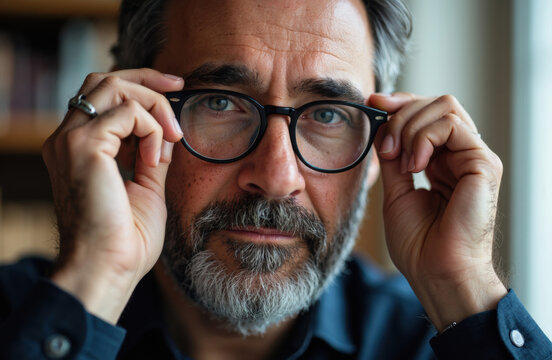 Thoughtful man adjusting his glasses in warm indoor portrait lighting
