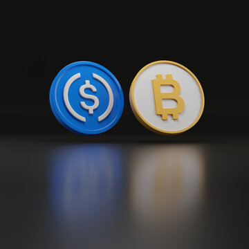 USDC and Bitcoin coins on dark background. 3d illustration.