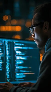 Dedicated coder reviews lines code on large screen, illuminated by glow monitor in tech workspace. Scene captures intensity, commitment late night software development