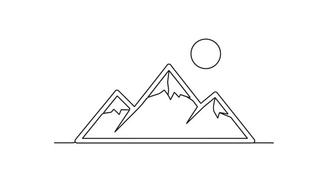 Minimalist mountain range line art with sun circular element.