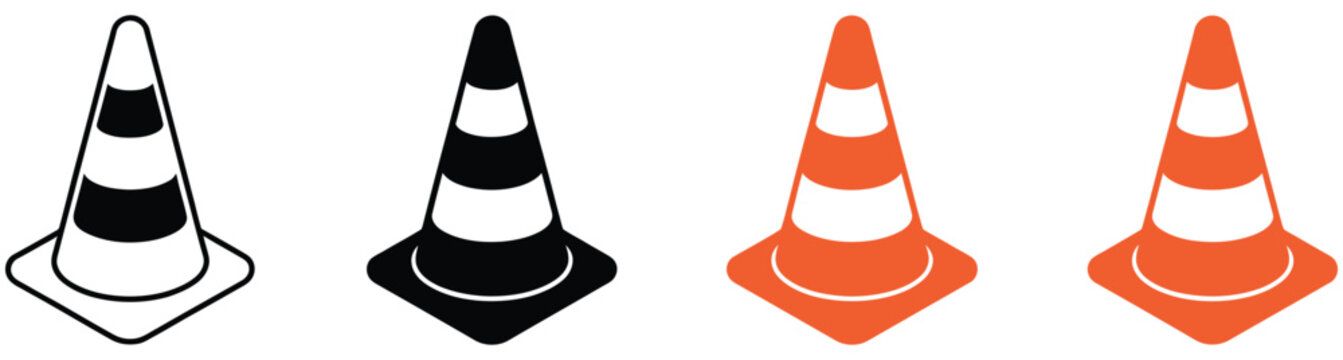 Traffic cone icon set representing road cones dividers and barriers for traffic control construction safety and roadblock symbols, vector design.