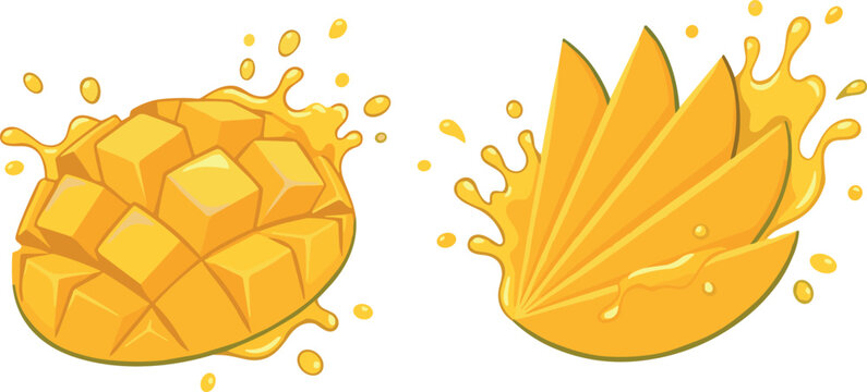 Diced mango half and fan slices vector set falling into sweet yellow liquid juice splashes and drops.Diced mango half and fan slices vector set falling into sweet yellow liquid juice splashes and drop