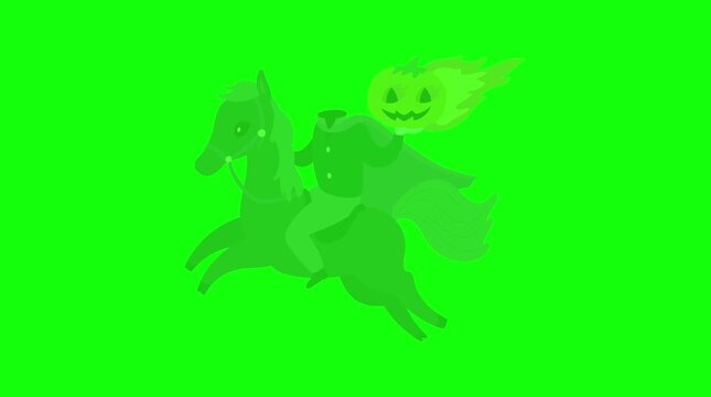 Headless Horseman Green Screen | Animated Halloween Horseman Chroma Key Headless Horseman Riding Horse with Flaming Pumpkin (Green Screen Halloween VFX) Green Screen Headless Horseman Animation