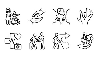 Fototapeta premium Disability support and assistive service thin line icon set editable stroke accessibility vector