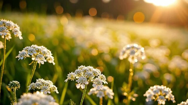 Golden hour meadow with wild white flowers swaying in gentle breeze, soft bokeh background, cinematic nature landscape at sunset