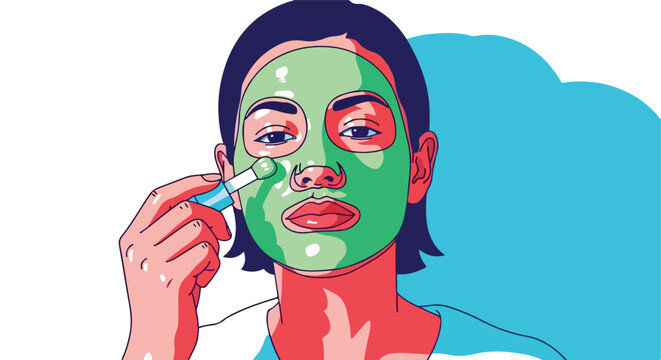Person applying a green facial mask with a tool