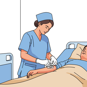 Caregiver applies bandage to patient's arm in hospital bed