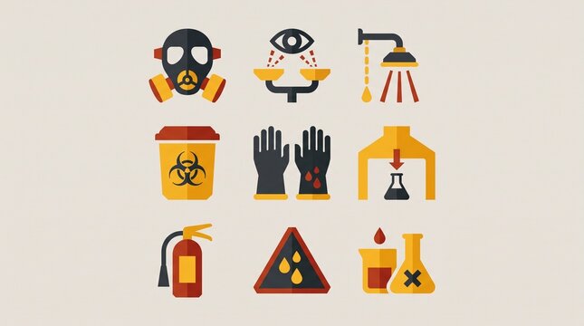 Industrial safety icons, a collection of flat vector illustrations for workplace hazard prevention. Chemical safety, fire protection, and personal protective equipment symbols.
