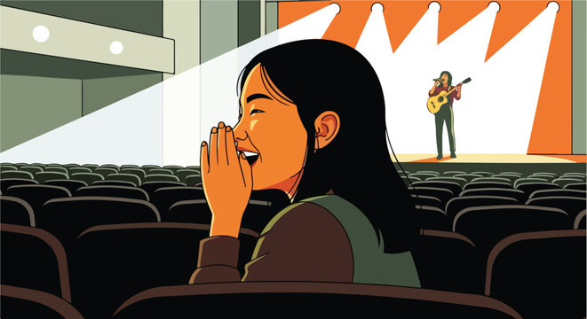 Excited spectator whispers to friend during live performance