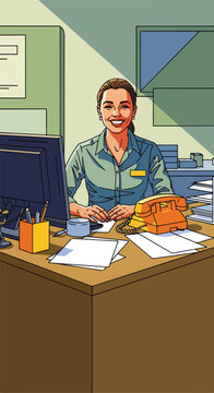 Smiling clerk at desk with computer, papers, and phone