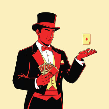 A man in a suit with a top hat juggles cards