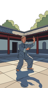 Person practicing a martial art in a courtyard