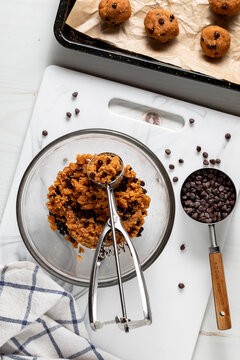 A bowl of a peanut butter and chocolate chip energy ball mixture.