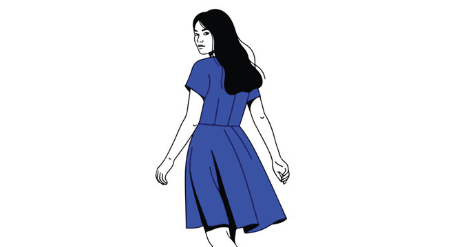 Woman in a blue dress looks back over her shoulder