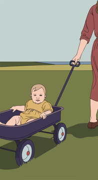 Person pulls a child in a wagon across a grassy field