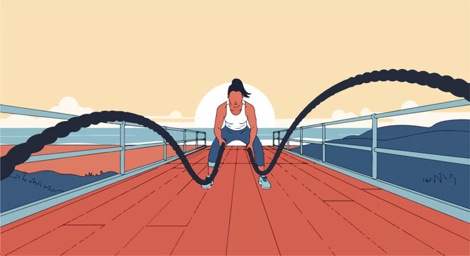 Person working out with ropes on a pier at sunset
