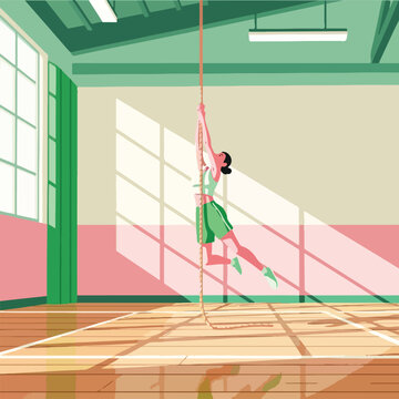 Woman climbing rope in gymnasium