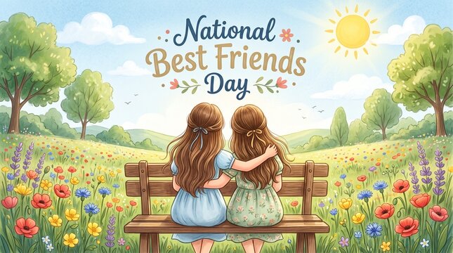 Two best friends sitting on a bench in a flower field