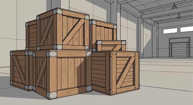 Stacks of wooden crates in a warehouse
