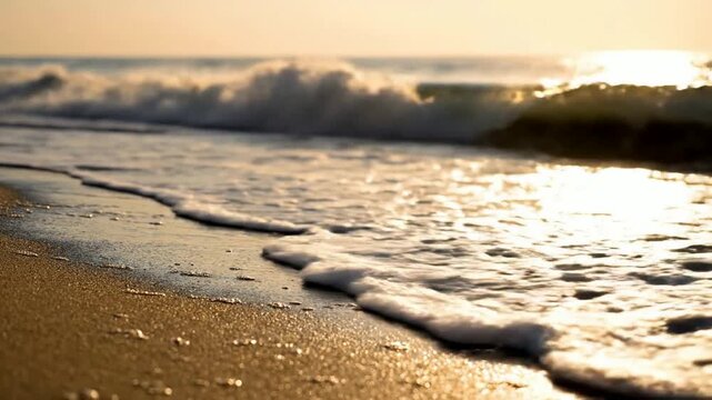 Golden hour ocean waves crashing on sandy beach shoreline at sunset relaxing tropical seascape background, for travel and, wellness projects