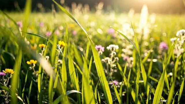 Golden hour meadow with wildflowers and swaying grass at sunset, cinematic nature background, for wellness and, relaxation projects