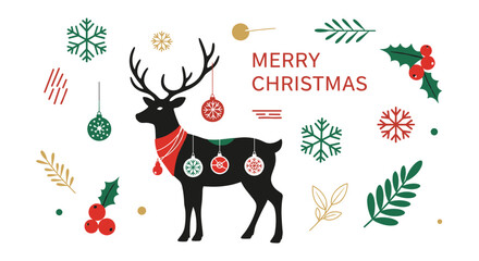 Naklejka premium Merry Christmas festive card elements feature a reindeer silhouette decorated with ornaments and winter elements.