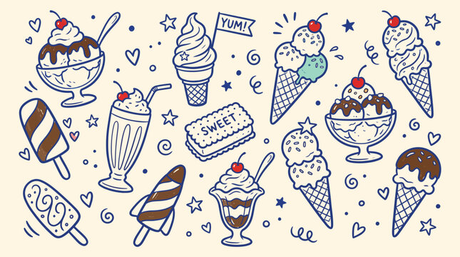 Handdrawn doodle collection of various ice cream treats including sundaes cones and popsicles on a light background