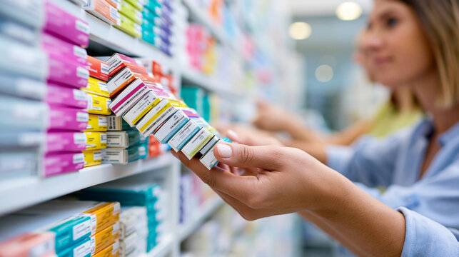 Faceless hands stocking pharmacy shelves with organized rows of medicine boxes, clinical healthcare environment , with copy space